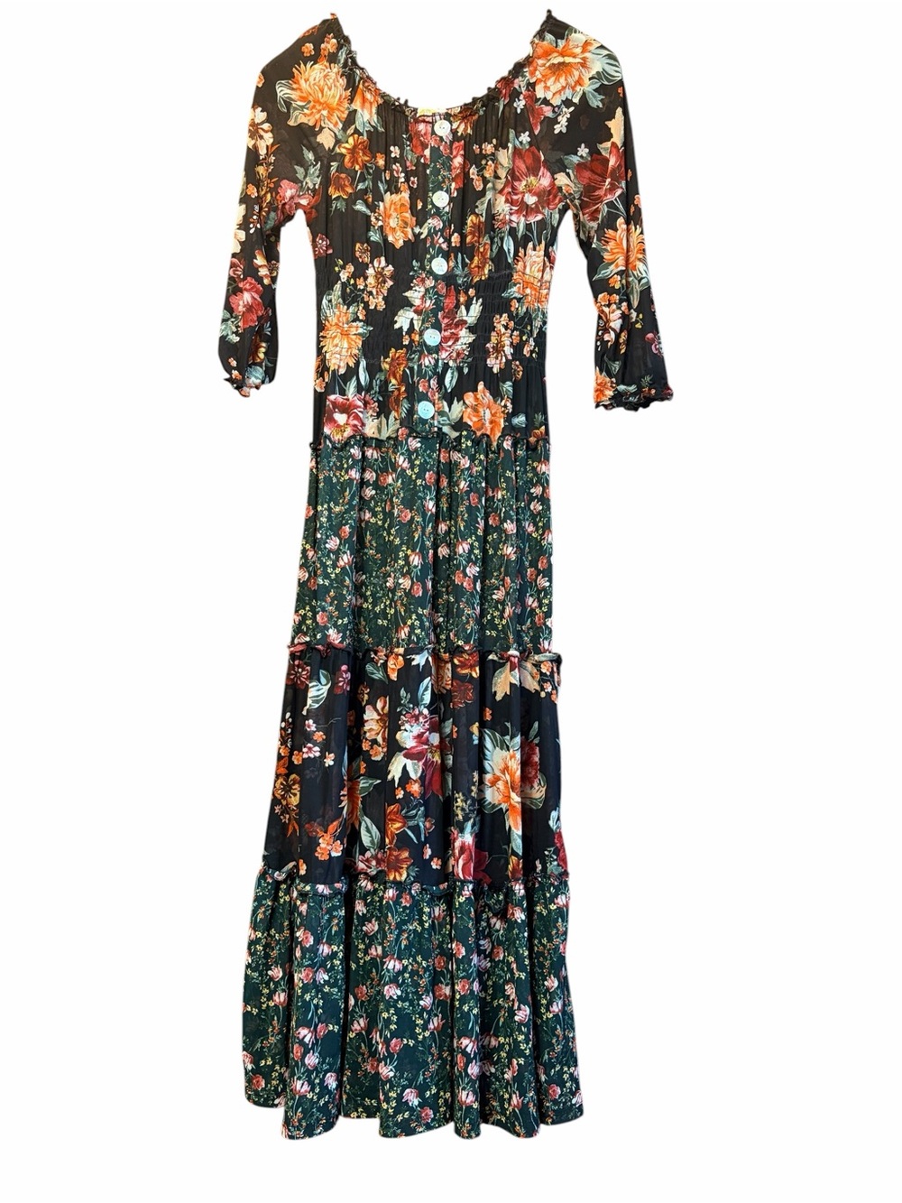 Black maxi floral cottage core autumn sheer mesh sleeves ruffles tiers smocked